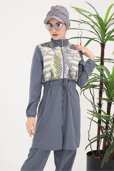 NS Tasarım Tesettür Mayo Sabrina Gray Patterned Design Hijab Parachute Fabric Double Swimsuit Set 364