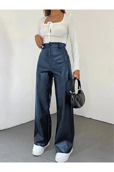 TakıDolabı Pantaloni din piele artificială albastru bleumarin pentru femei Sh...