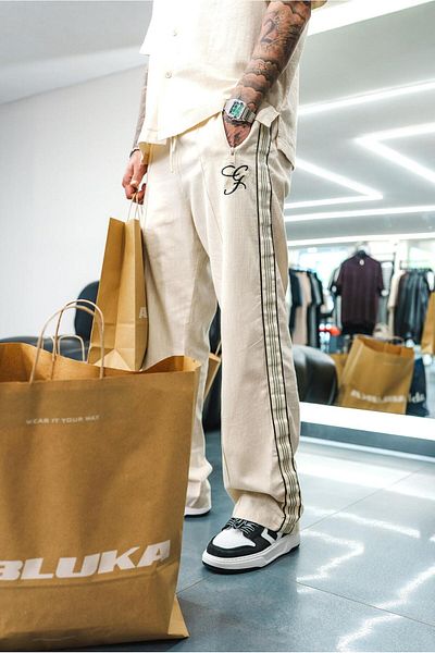 ablukaonline Men's Linen Look Striped Baggy Fit Trousers Beige