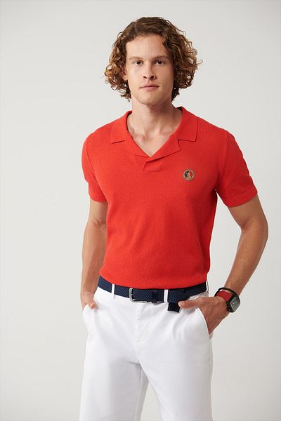 Avva Men's Coral Apaj Collar Textured Knitwear T-Shirt A41Y5066