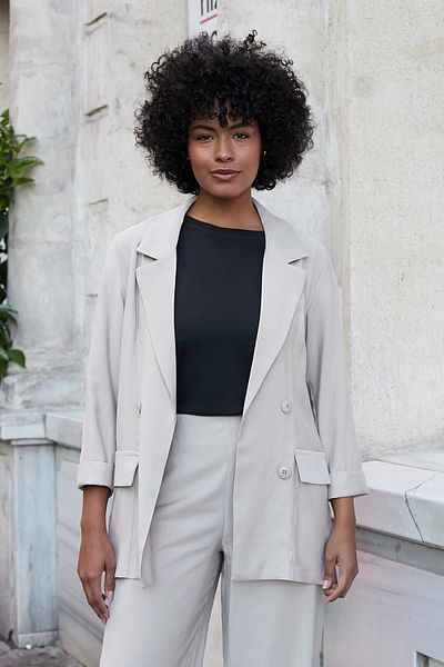 Jument Women's Silky Textured Modal Fabric Collar Pocket Flap Oversize Casual Blazer Jacket-Light Mink