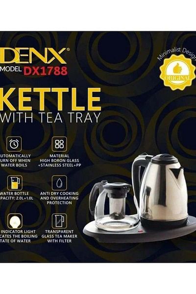 Denx غلاية مع صينية شاي، غلاية كهربائية مع صينية شاي وخاصية الإغلاق التلقائي، شفافة