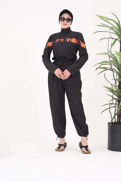 NS Tasarım Tesettür Mayo Floria Flame Stripe Design Hijab Parachute Fabric Jumpsuit Swimsuit