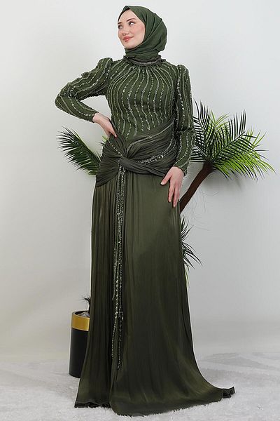 GİYZAMİLA Vienna Hijab Evening Dress Khaki