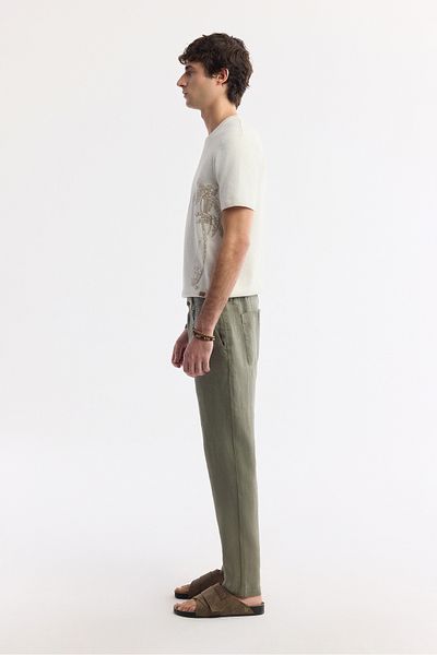 Avva Men's Khaki Elastic Waist 100% Linen Trousers B 003032