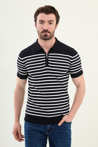 Mcr Striped Slim Fit Zippered Polo Neck Men's Knitwear T-Shirt Navy Blue - 11542.25Y