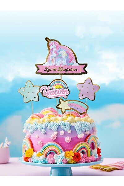 Parti Adresi Unicorn Temalı Kürdan İyi Ki Doğdun Pasta Süsü Cupcake Kürdanı 5'li