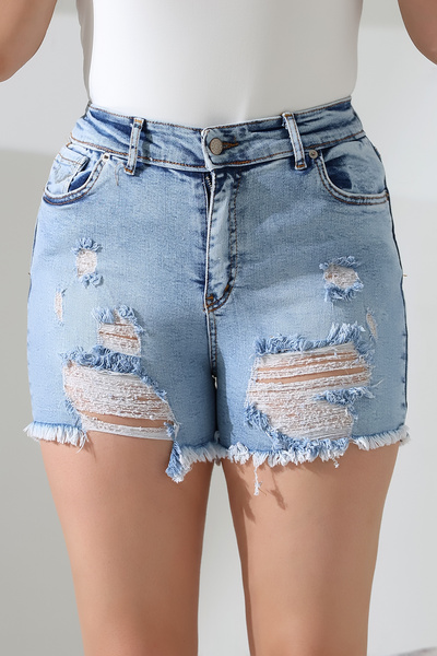 ZEYCEN Kadın Yüksel Bel Yıkamalı Lazer Yırtıklı 5 Cepli Mavi Mini Kot Şort Jeans