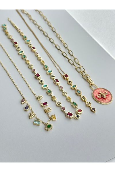 Tasarım Çok Renkli Sarkıt Taşlı Gold Kolye