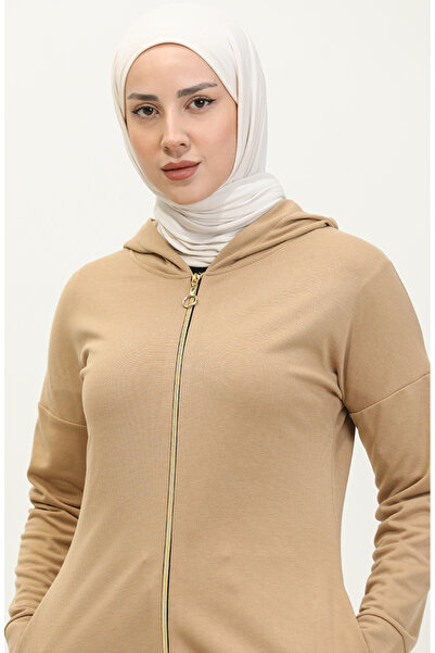 sefamerve Fermuarlı Ferace 2140-08 Koyu Bej