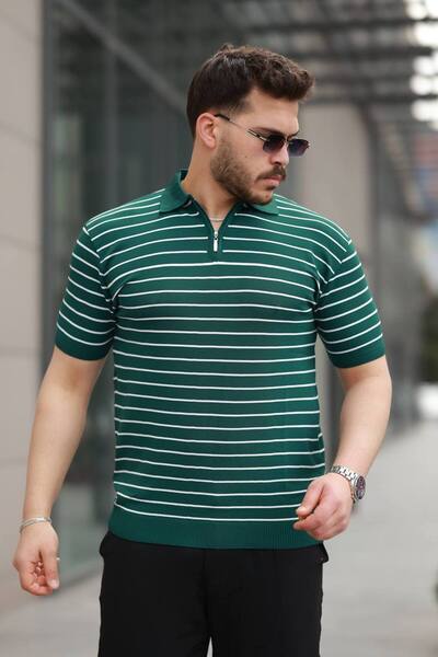 pepule Ανδρικό πλεκτό μπλουζάκι με μισό φερμουάρ και λεπτές ρίγες