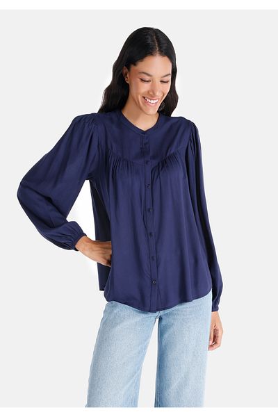 Colin's Regular Fit Round Neck Plain Women's Navy Blue Long Sleeve Shirt