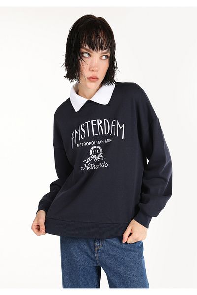 Colin's Regular Fit Polo Neck Embroidered Women's Navy Blue Sweatshirt