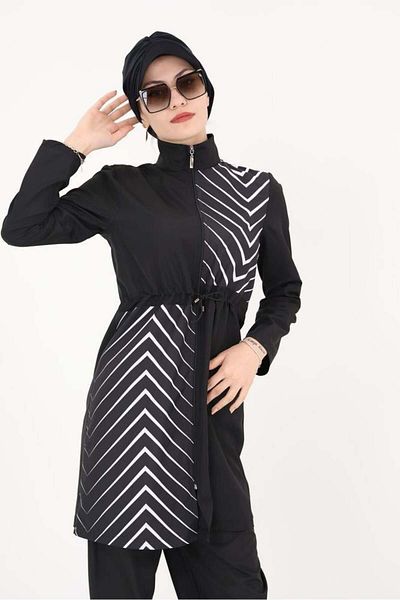 NS Tasarım Tesettür Mayo Elena Herringbone Patterned Design Hijab Parachute Fabric Double Swimsuit Set 363