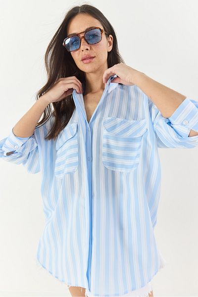 Bianco Lucci Cămașă de vară de bază supradimensionată, cu dungi groase, cu buzunar dublu, pentru femei 34399-1 60283249