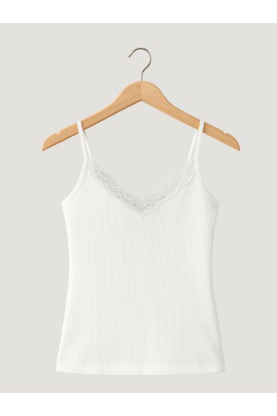 ROSAMİNA Women's 95% Cotton Lace Detailed White Raprl Ribbed Undershirt