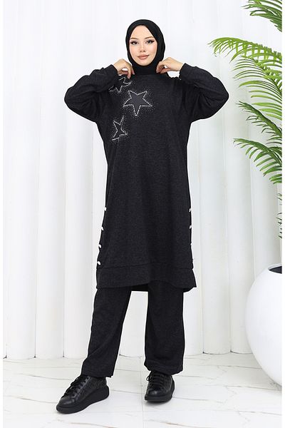 sefamerve Ecrin Fabric Printed Tunic Παντελόνι Σετ δύο τεμαχίων 0555-03 Μαύρο
