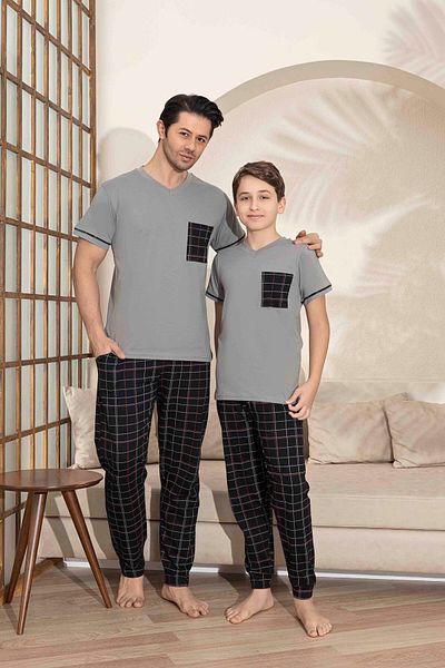 Tarık Father Son Combination Short Sleeve Checked Long Bottom Combed Fabric Medium Thick V-Neck Pajamas Set-3995