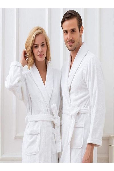 RISHAHOME 100% Cotton Unisex Terry Bathrobe with Collar & Pockets – White, 450 GSM, 1 Pc