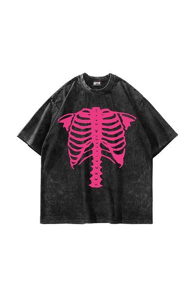 Sekizbiraltı Μαύρο μπλουζάκι με ροζ κορμού με στάμπα Oversize Unisex Washed