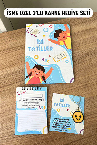 Eldesen Tasarım İsme Özel Karne Hediyesi 3'lü Set, Karne Kılıfı, Spiralli Defter, Anahtarlık
