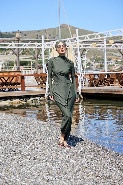 NS Tasarım Tesettür Mayo Betty Double Khaki Design Hijab Swimsuit Set