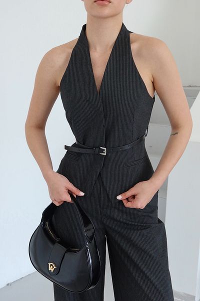 Laluvia Smoked Pinstripe Belt Detailed Vest Trousers Suit - 9569