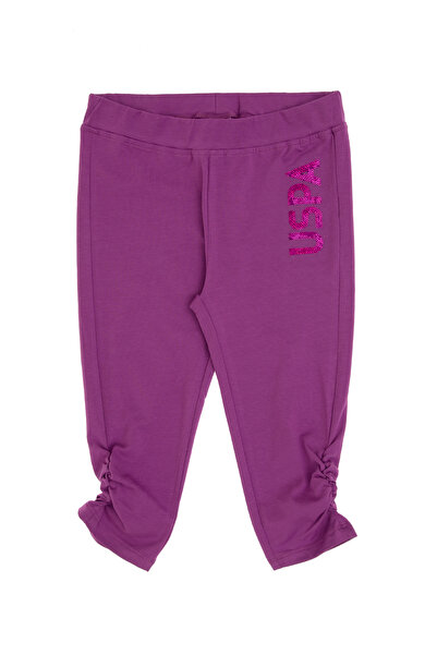U.S. Polo Assn. بنطال رياضي للفتيات مطرز بالترتر البنفسجي مع تفاصيل مطاطية 50...