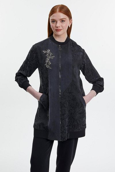 Zühre Zippered Black Jacket with Patterned Accessory Detail C-0141