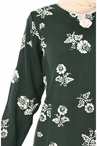 sefamerve Desenli Şile Bezi Elbise 0450-06 Koyu Yeşil