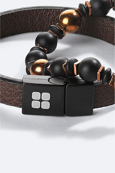 Avva Men's Brown 2-Piece 100% Leather and Turtle-Eye-Onyx Stone Bracelet A41Y9606
