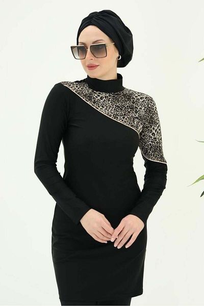NS Tasarım Tesettür Mayo Alina Leopard Print Hijab Swimsuit Set - 727