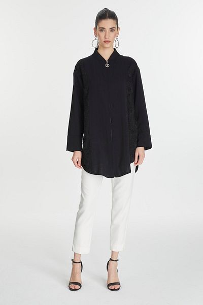 Zühre Embroidery Detailed Zippered Black Jacket C-0126