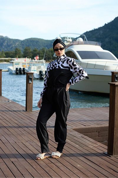 NS TASARIM MAYO Dream Curl Pattern Design Hijab Parachute Fabric Jumpsuit Swimsuit