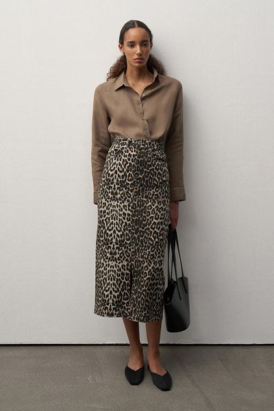 Mathilda By Çiğdem Bilici Leopard Patterned Slit Midi Denim Skirt