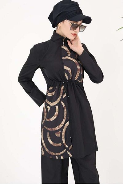 NS Tasarım Tesettür Mayo Elena 363 Model Hijab Parachute Fabric Ring Patterned Swimsuit Set