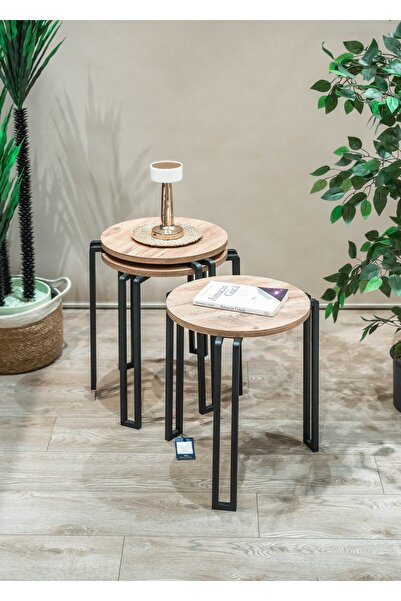 TOPRAK E-TİCARET Elit 3 lü Sehpa Metal Ayaklı  Çok Amaçlı Zigon Misafir Servis Sehpası ve Orta Sehpa Atlantik Çam