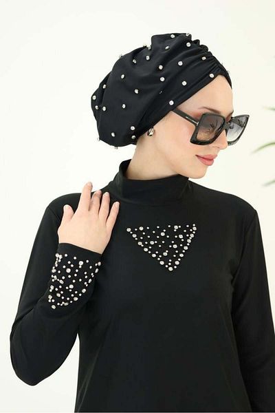 NS Tasarım Tesettür Mayo Alice Stone Detailed Bonnet Swimsuit