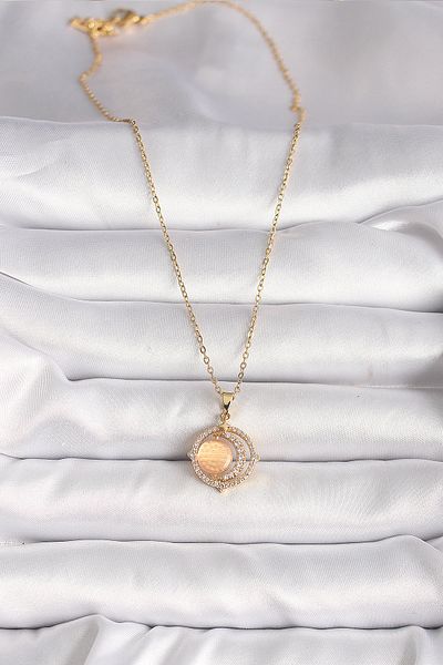 Skygo 316L Steel Gold Color Zircon Stone Orange Pearlescent Crescent Model Women's Necklace - Tj-Bko9704