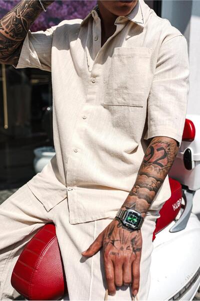 ablukaonline Ανδρικό κοντομάνικο πουκάμισο Oversize που πλένεται μπεζ