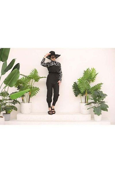 NS Tasarım Tesettür Mayo Dream Geometric Pattern Design Hijab Parachute Fabric Jumpsuit Swimsuit