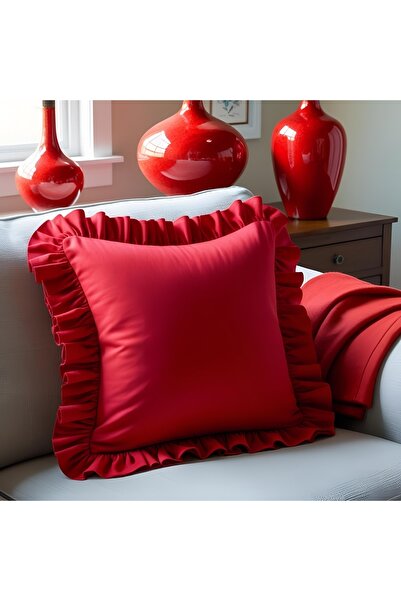Bc Home Red Velvet Look Country Style Ruffled Square Throw Pillow Cover Soft ...