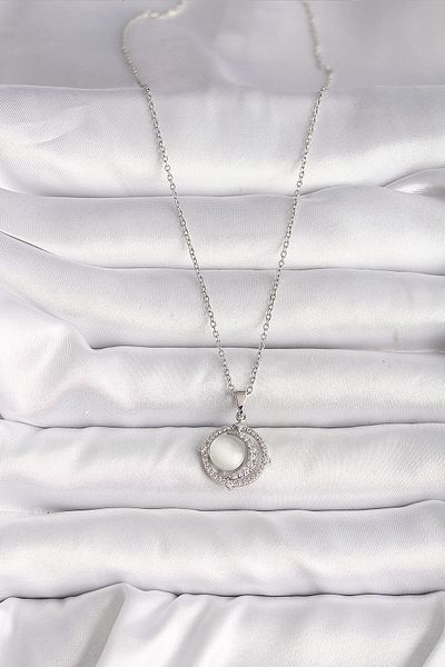 Skygo 316L Steel Silver Color Zircon Stone White Pearlescent Crescent Model Women's Necklace - Tj-Bko9702