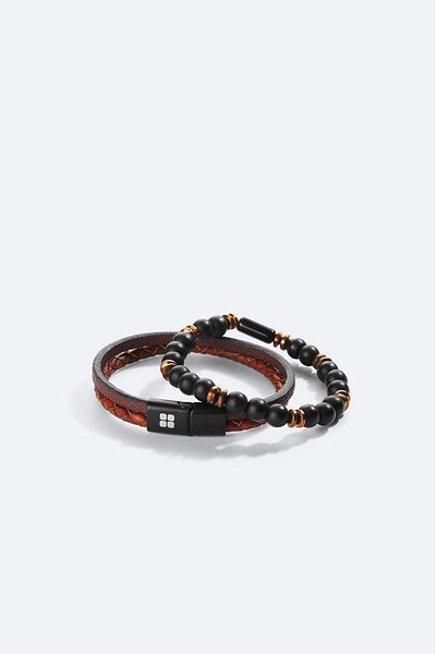 Avva Men's Claret Red 2-Piece Bracelet - 100% Leather and Onix Stone, A41Y9600
