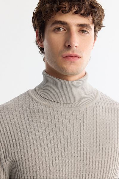 Avva Pulover pentru bărbați, gri, cu gât complet, amestecat de lână, jacquard, tricotaj A42y5074