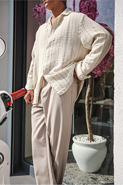 ablukaonline Чоловіча сорочка Oversize з бавовняної м'якої тканини в смужку, сіро-бежева