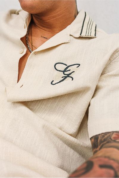 ablukaonline Ανδρικό πουκάμισο Relax Fit Linen Look Κεντημένο Μπεζ