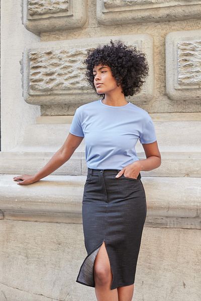 Jument Women's Crew Neck Wrinkle-Free Span Blended Stylish Short Sleeve Lycra T-Shirt Blouse-Light Blue