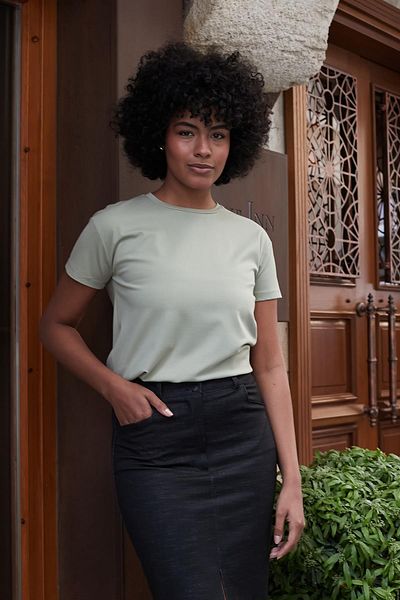 Jument Women's Crew Neck Wrinkle-Free Span Blended Stylish Short Sleeve Lycra T-Shirt Blouse-Light Khaki