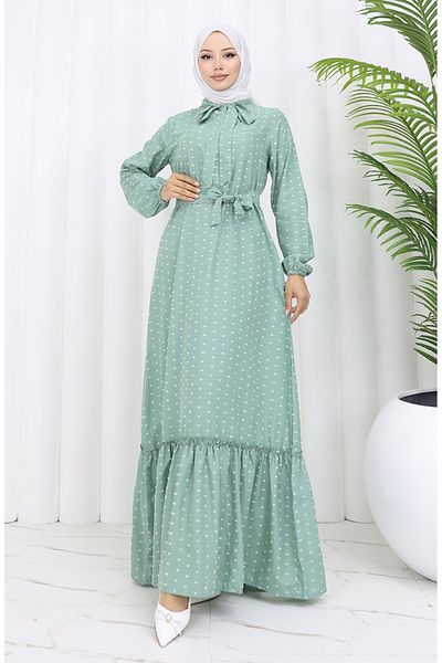 sefamerve Grünes, gemustertes Schärpenkleid von Çağla - 0383-06